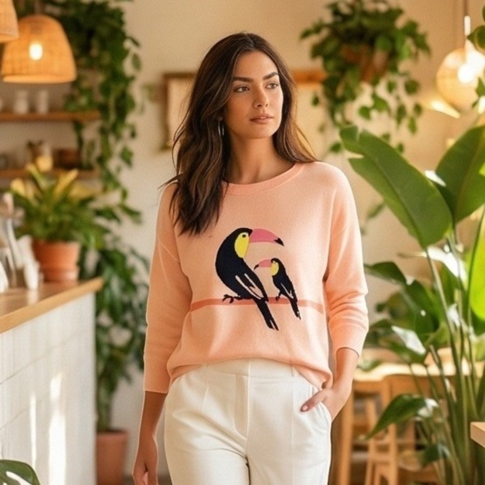 LOFT Ann Taylor Womens Sweater Large Peach Toucan Bird Cotton Blend 3/4 Sleeve